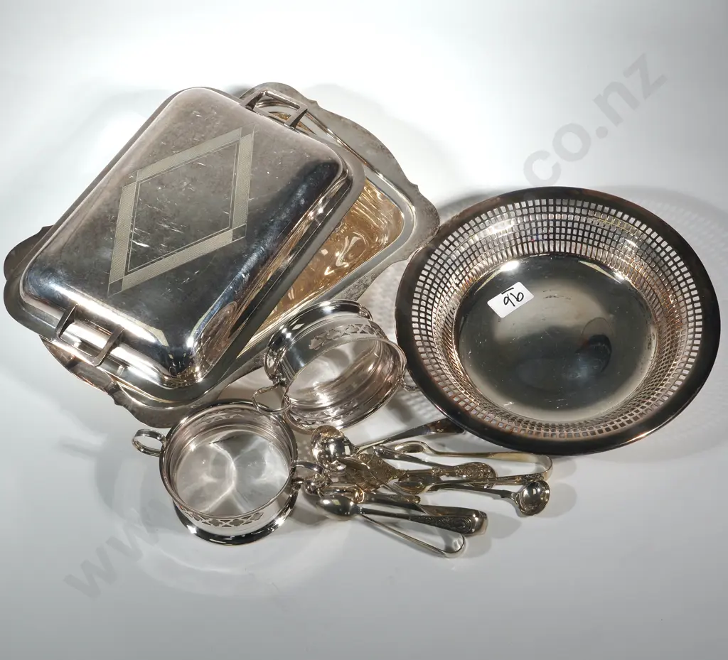 Silver Plate Entree Dish, Pierced Dish & Collection Of Small Flatware Items, Sugar Tongs, Mustard Spoon  & Image 1++
