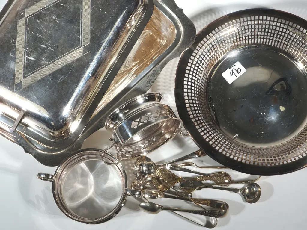 Silver Plate Entree Dish, Pierced Dish & Collection Of Small Flatware Items, Sugar Tongs, Mustard Spoon  & Image 1++
