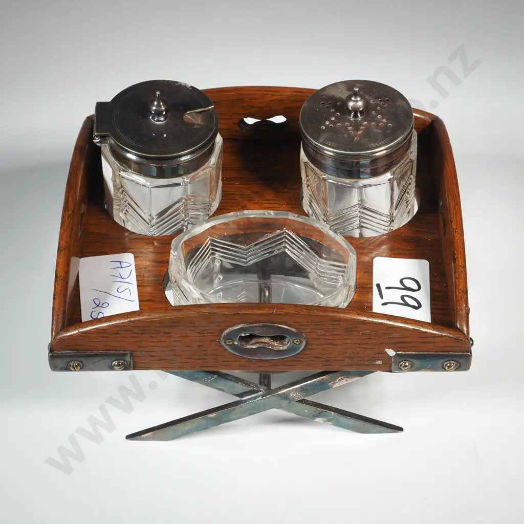 Oak & Silver Plate Butlers Tray & Stand Condiment Set. Image 1++