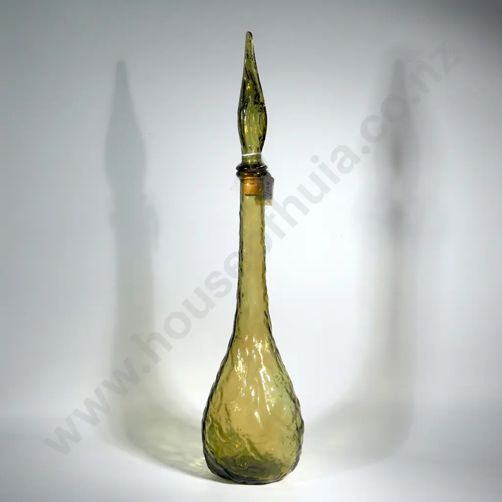 Italian Empoli  Olive Green Genie Bottle With Ripple Glass & Swirl Stopper Image 1++