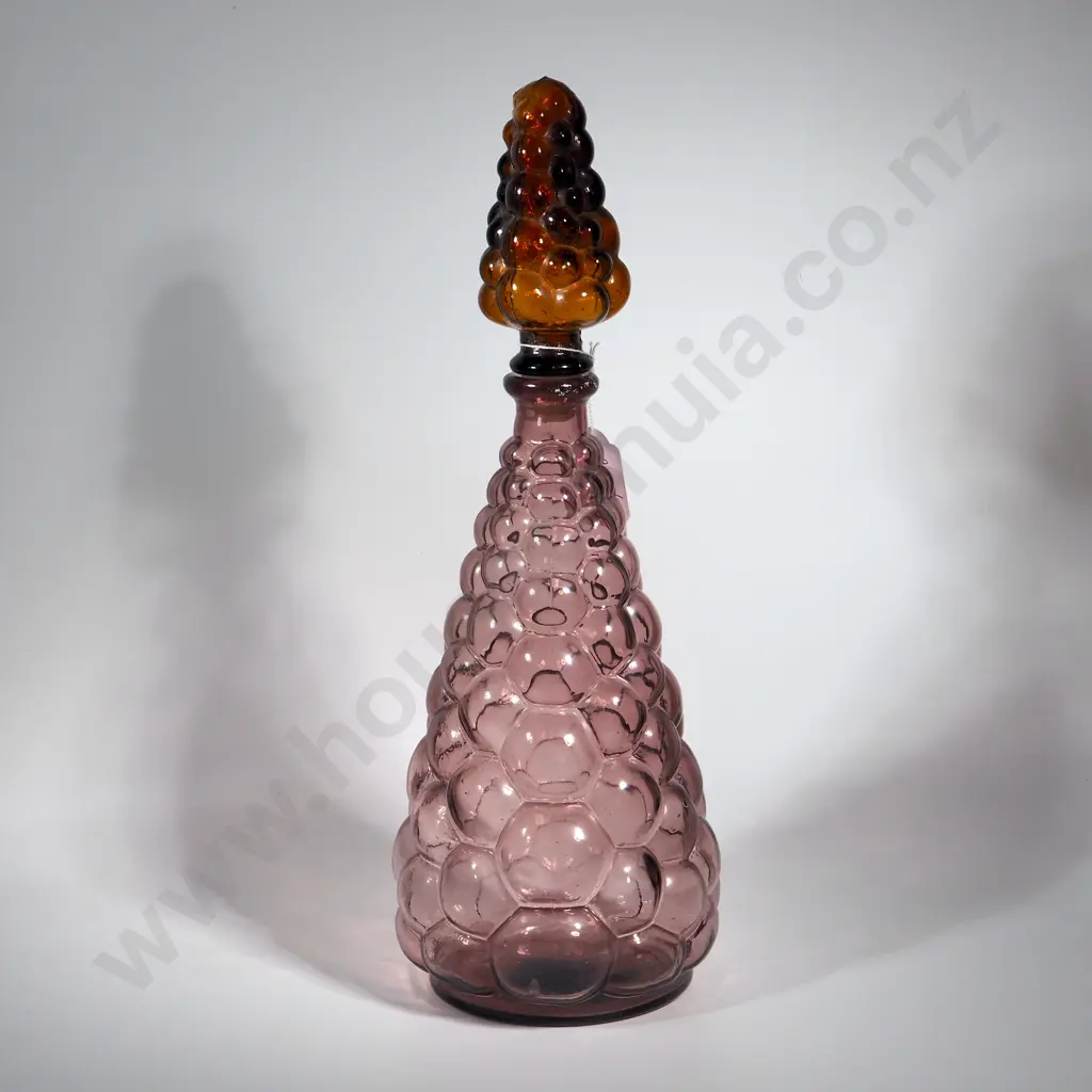 Italian Mauve Bubble Glass Genie Bottle with Amber Glass Stopper Image 1++