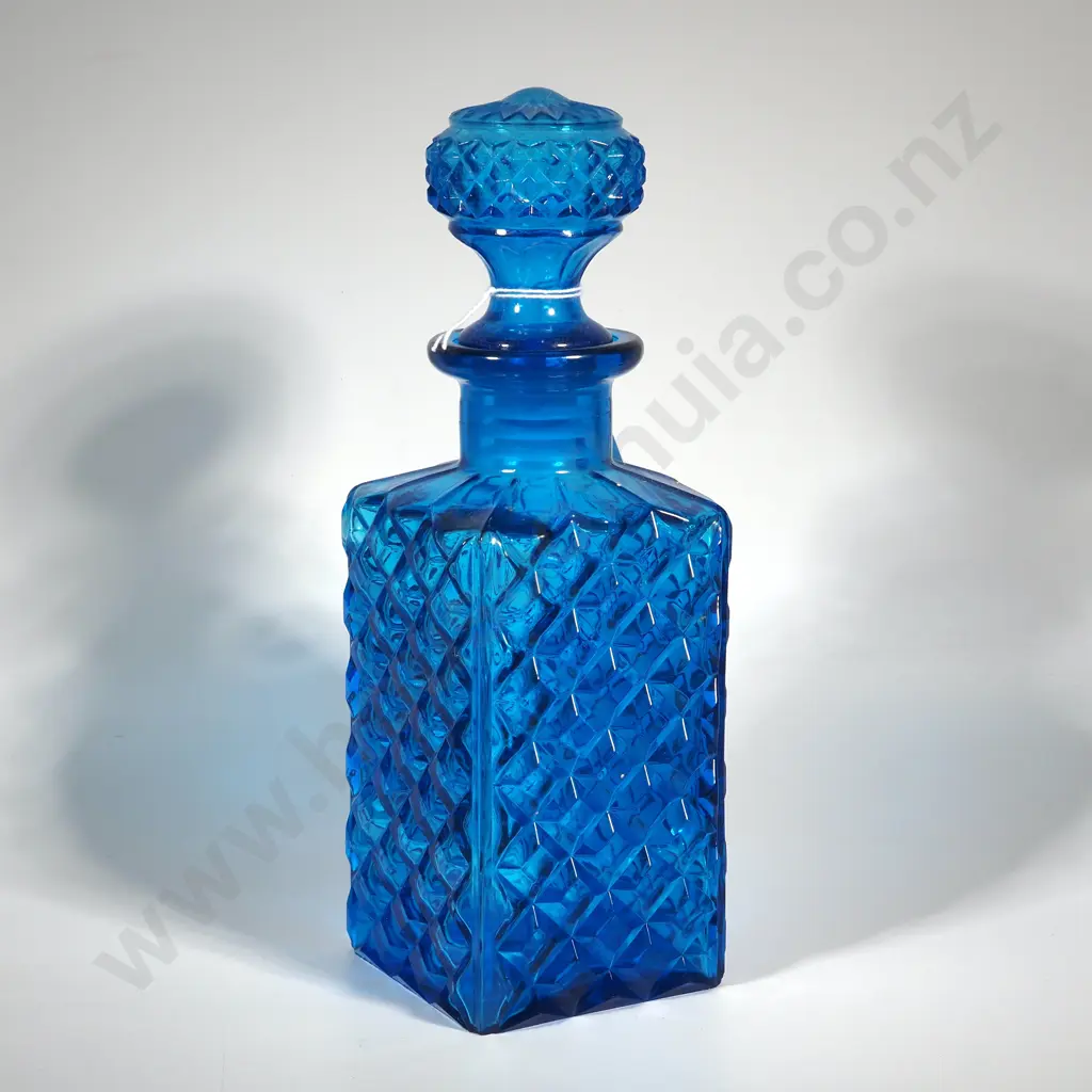 Mid Century Modern Cobalt Blue Pressed Diamond Glass Decanter With Stopper Image 1++