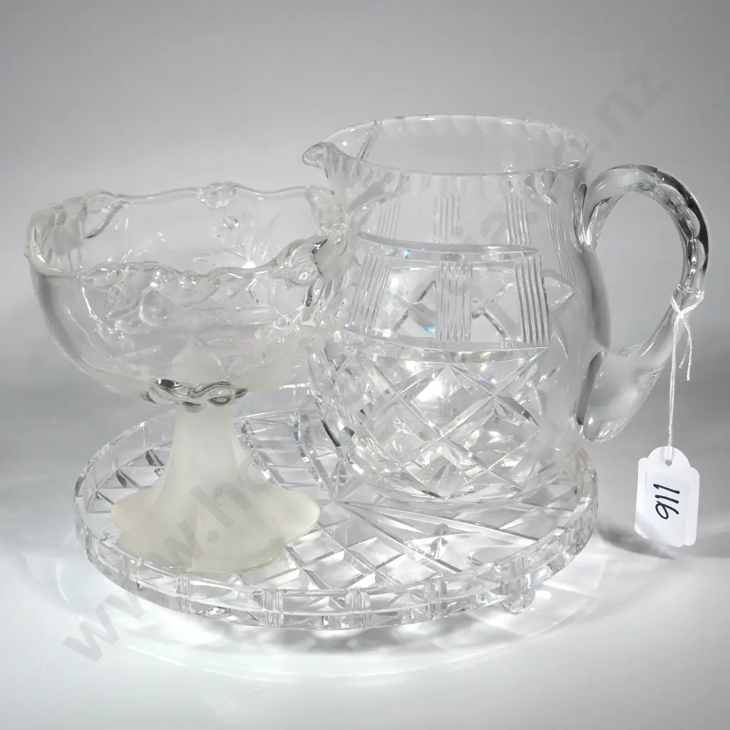Crystal Jug, Crystal Plate Stand & A Molded Glass Bowl On Stand  Image 1++
