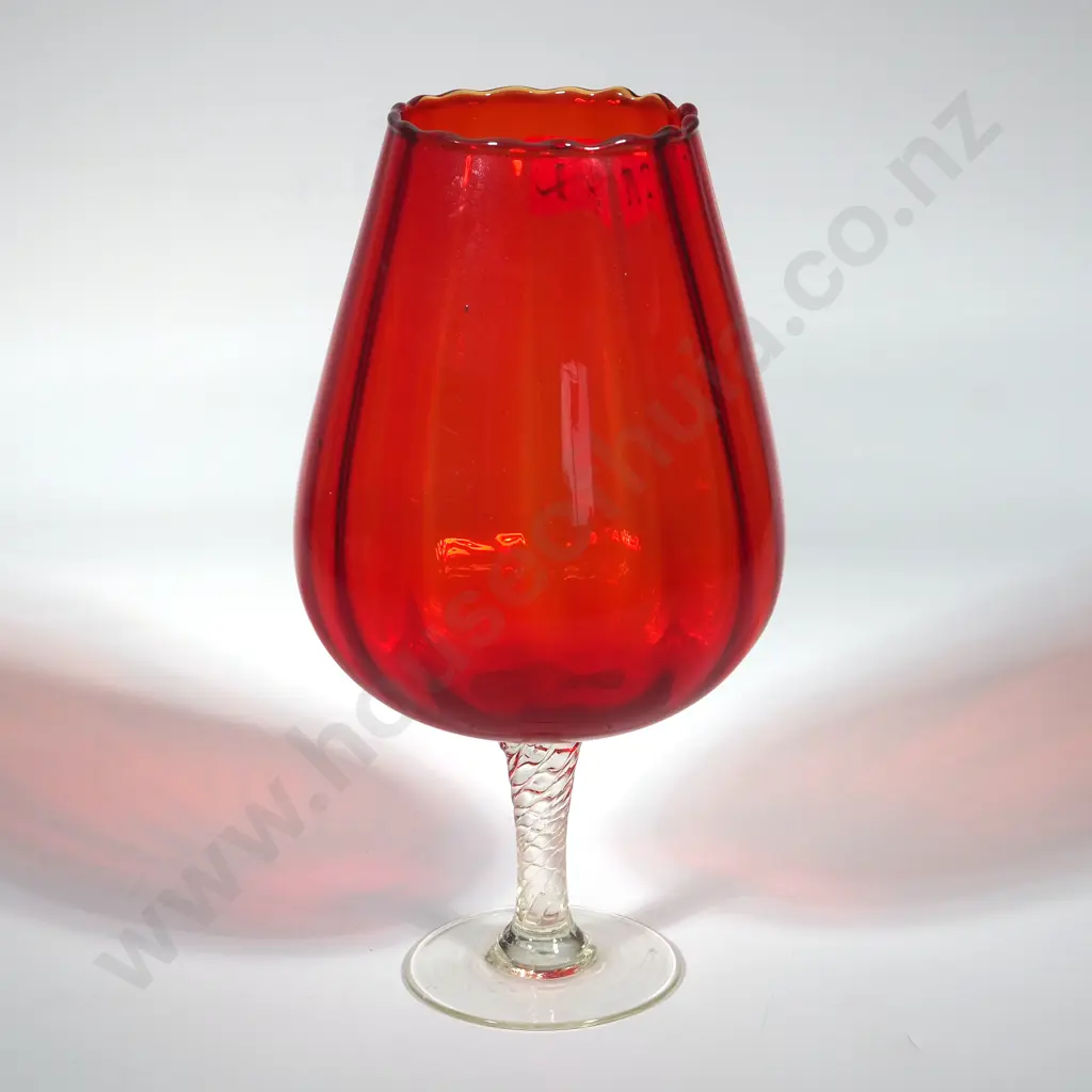 Vintage  Ruffled Edge Ruby Red Murano Empoli Art Glass -  Brandy Balloon. Image 1++