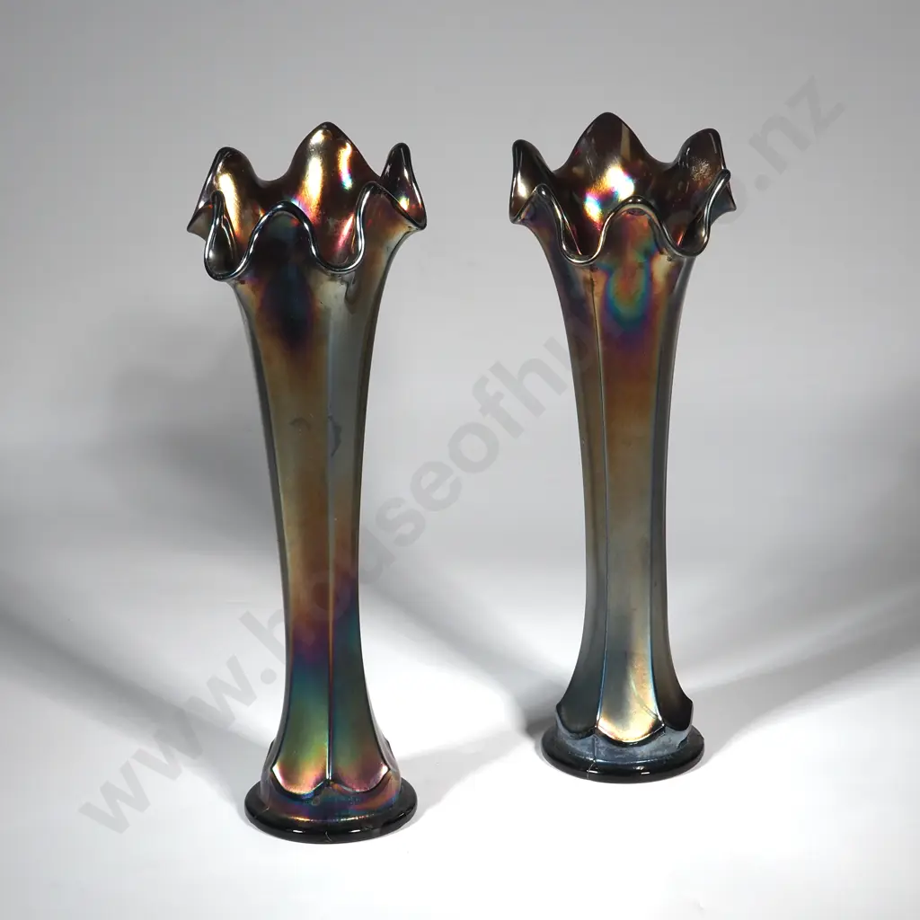Pair Of Iridescence Purple Carnival Glass Vases with Faceted Sides & Frill Rim Image 1++