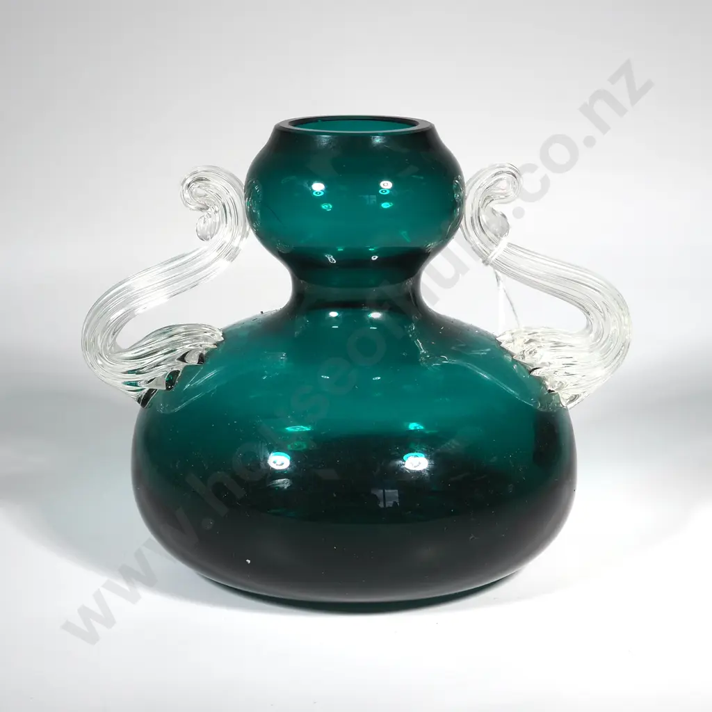 Vintage Art Glass Green Double Gourd Shaped Vase with Ribbed  Clear Glass Handles Image 1++