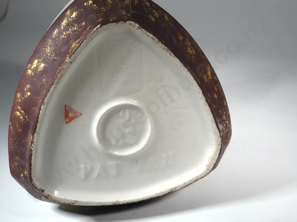 Unusual Triangular Limoges Vase With Three Sides Each Depicting Country Life & With a Pink & Brown Rim. Embossed To Base Image 1++