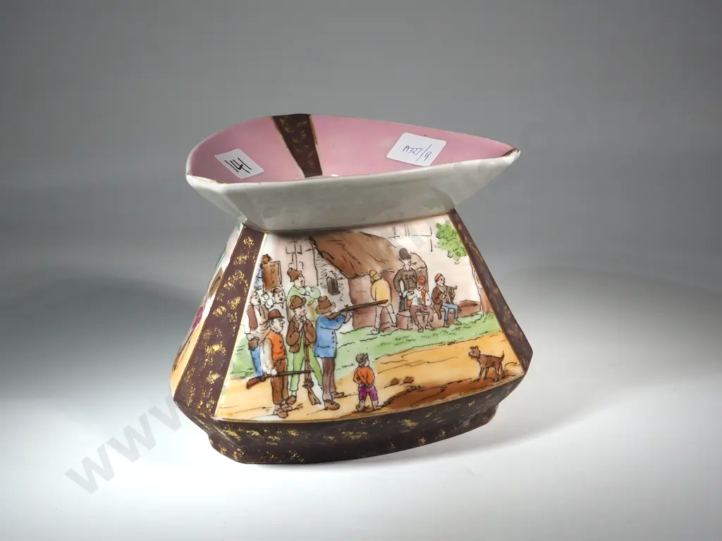 Unusual Triangular Limoges Vase With Three Sides Each Depicting Country Life & With a Pink & Brown Rim. Embossed To Base Image 1++