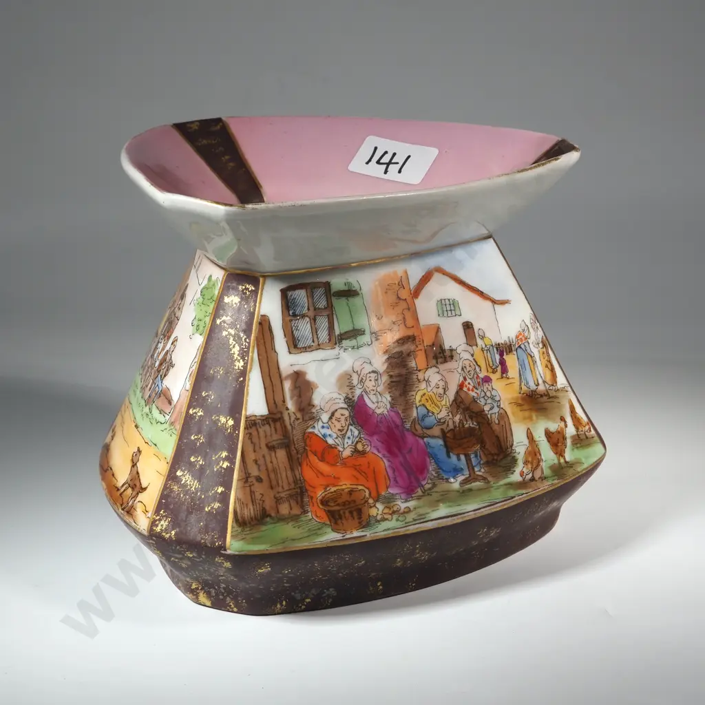 Unusual Triangular Limoges Vase With Three Sides Each Depicting Country Life & With a Pink & Brown Rim. Embossed To Base Image 1++