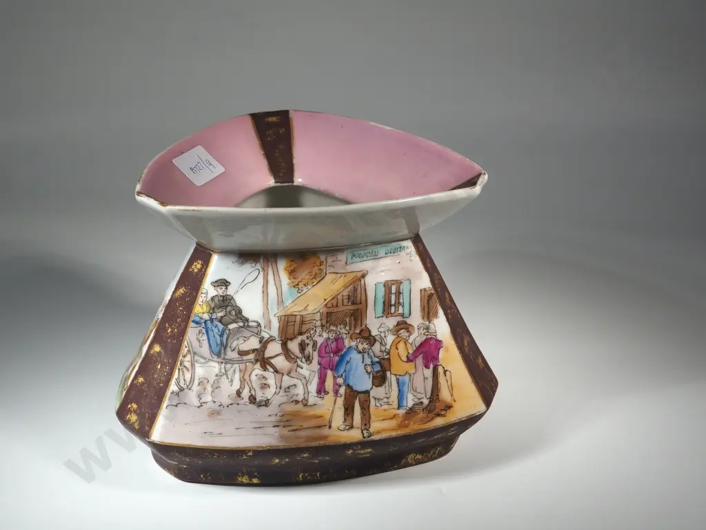 Unusual Triangular Limoges Vase With Three Sides Each Depicting Country Life & With a Pink & Brown Rim. Embossed To Base Image 1++