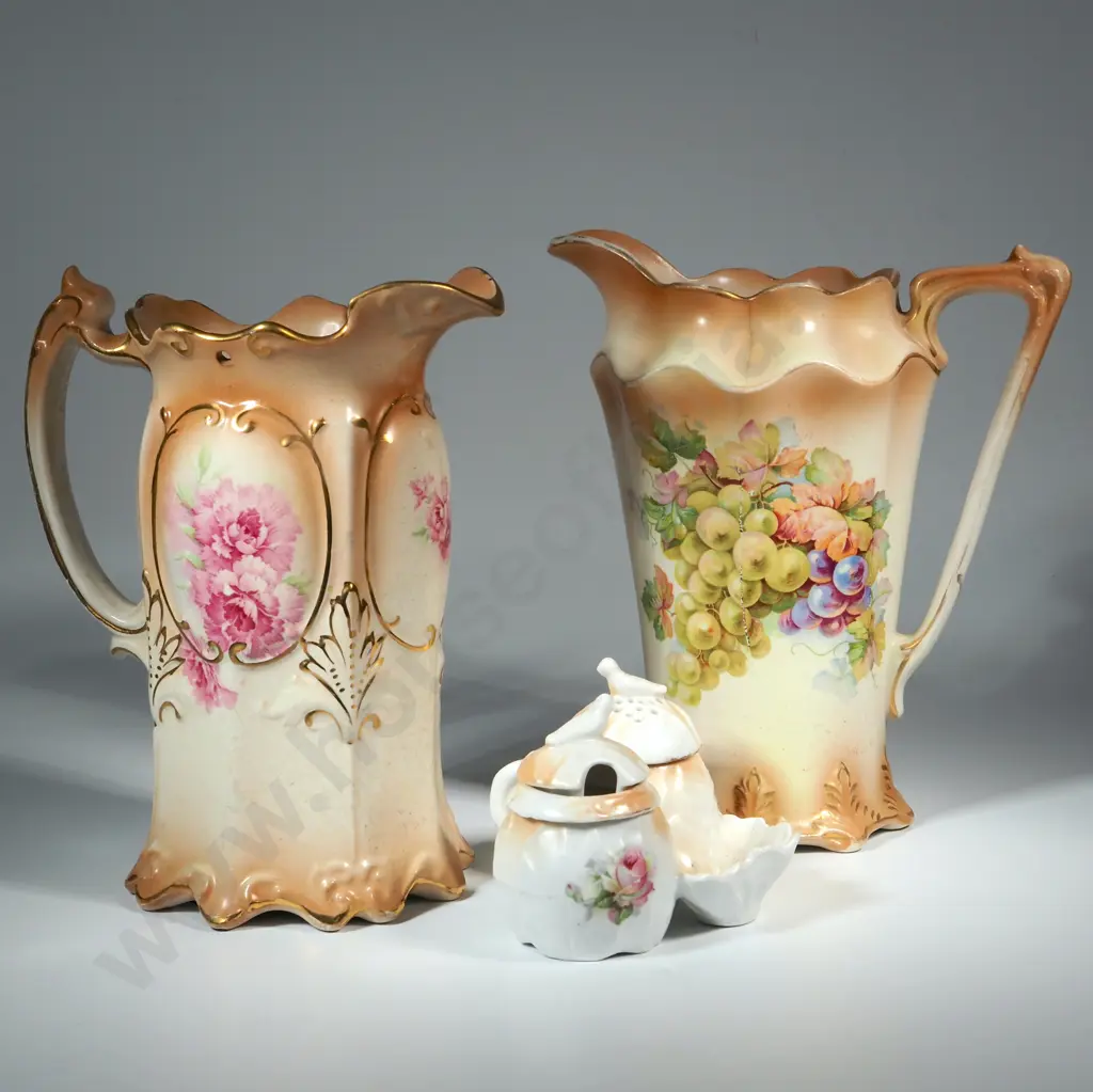Two Victorian China Jugs.One with Floral & The Other Fruit Decoration & A Victorian China Cruet Set Image 1++