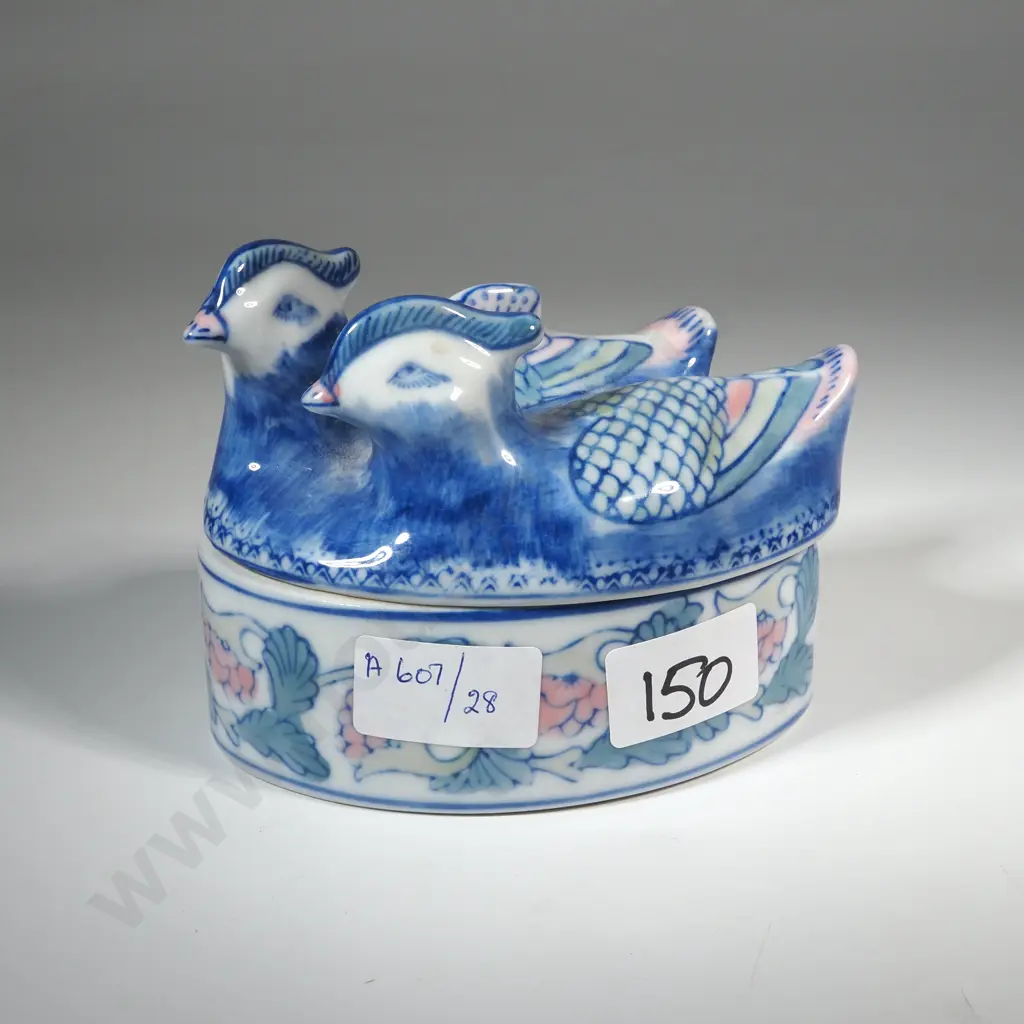 Blue & White Oval Trinket Box with Pink Accents . The Lid Featuring A Pair Of Molded Ducks Image 1++