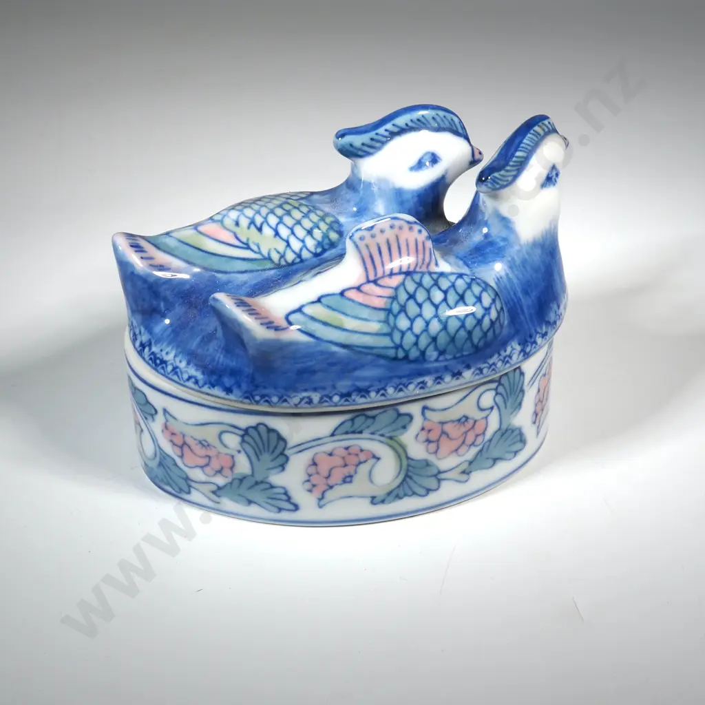 Blue & White Oval Trinket Box with Pink Accents . The Lid Featuring A Pair Of Molded Ducks Image 1++