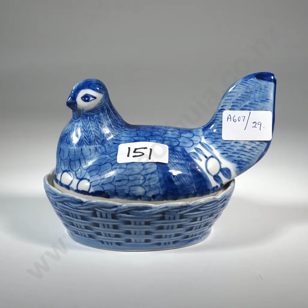 Blue & White Trinket Box Featuring A Chicken Sitting On a Basket Image 1++