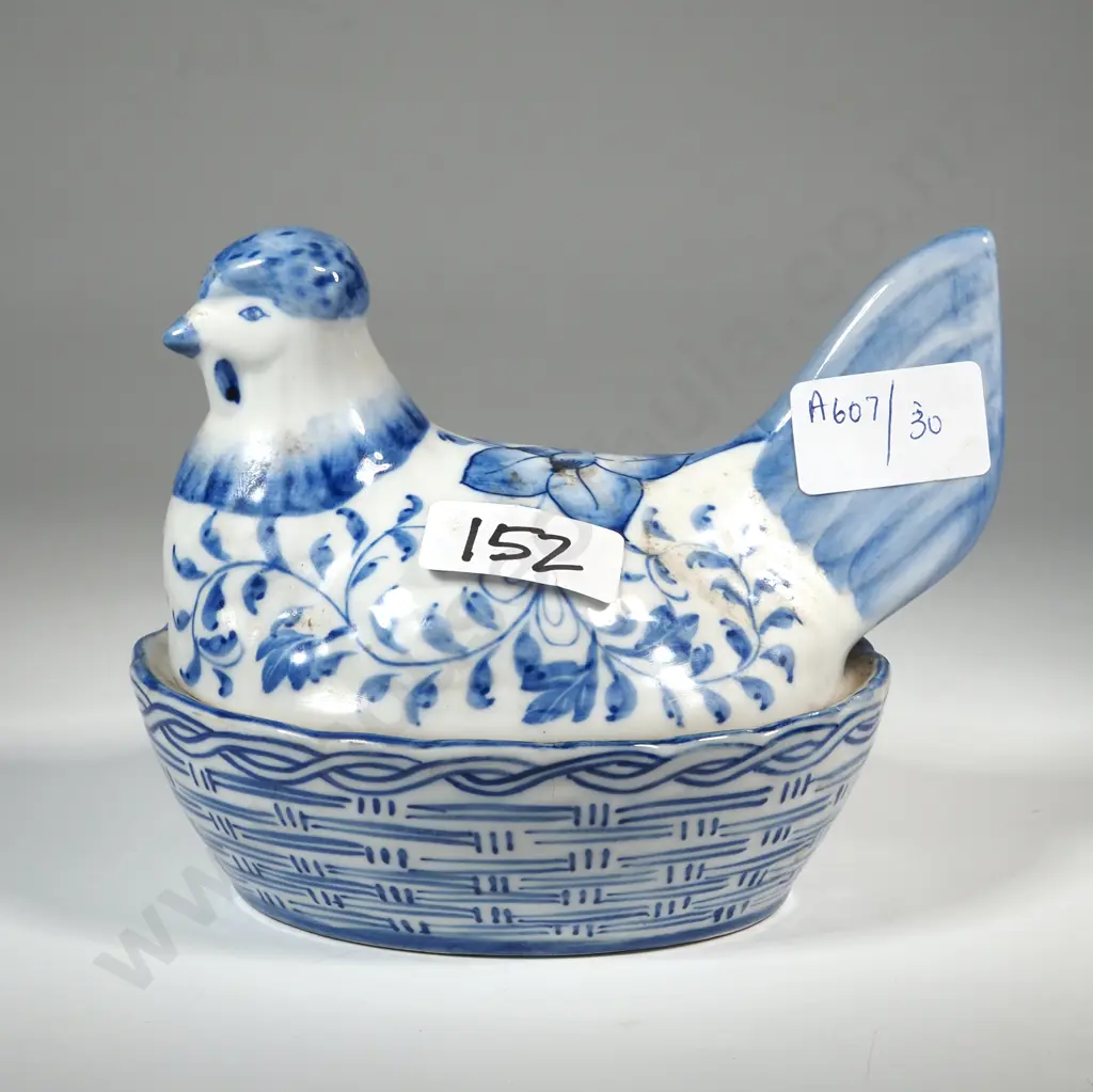 Blue & White Trinket Box Featuring A Chicken Sitting On a Basket Image 1++