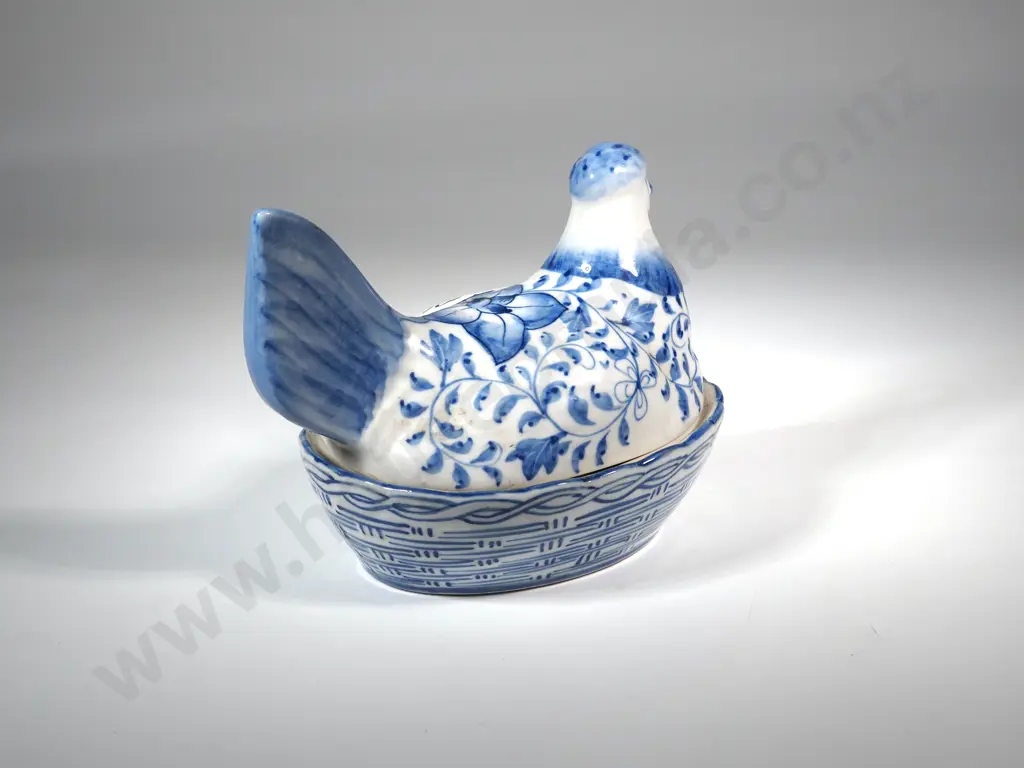 Blue & White Trinket Box Featuring A Chicken Sitting On a Basket Image 1++