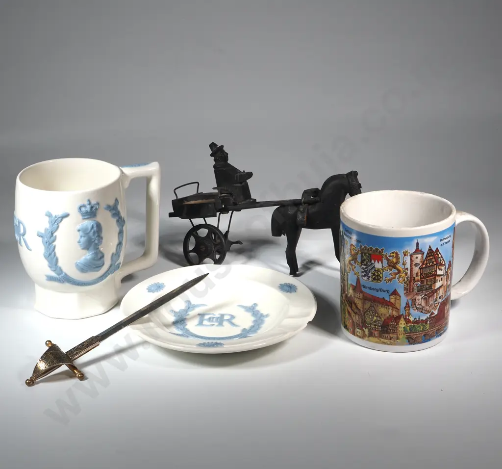 Wedgwood Coronation Queen Elizabeth II Mug & Ashtray, Souvenir Of Munich Musical Mug &  A Folkart Horse Drawn Cart Image 1++