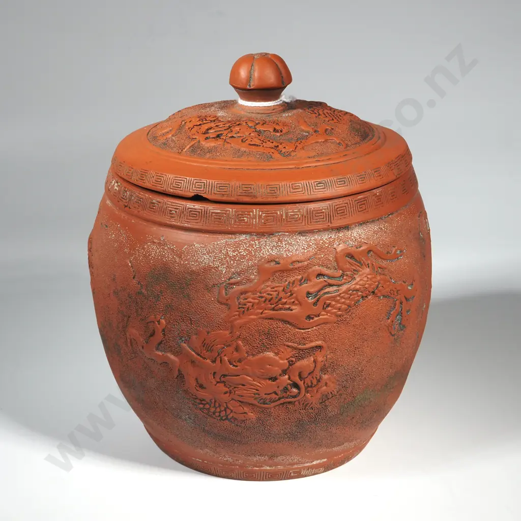 Chinese Terracotta Lidded Jar With Embossed Red Foo Dragon Decoration. Image 1++