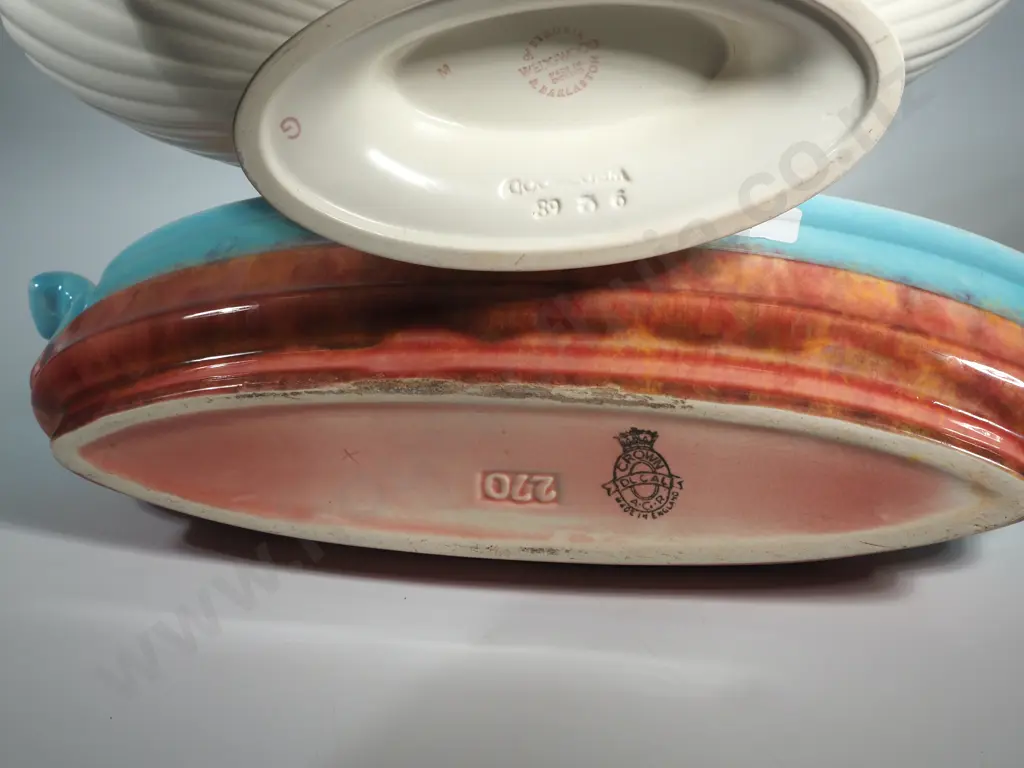 Crown Ducal Ribbed Trough Vase (a/f) & A Wedgwood White Ribbed Trough Vase Image 1++