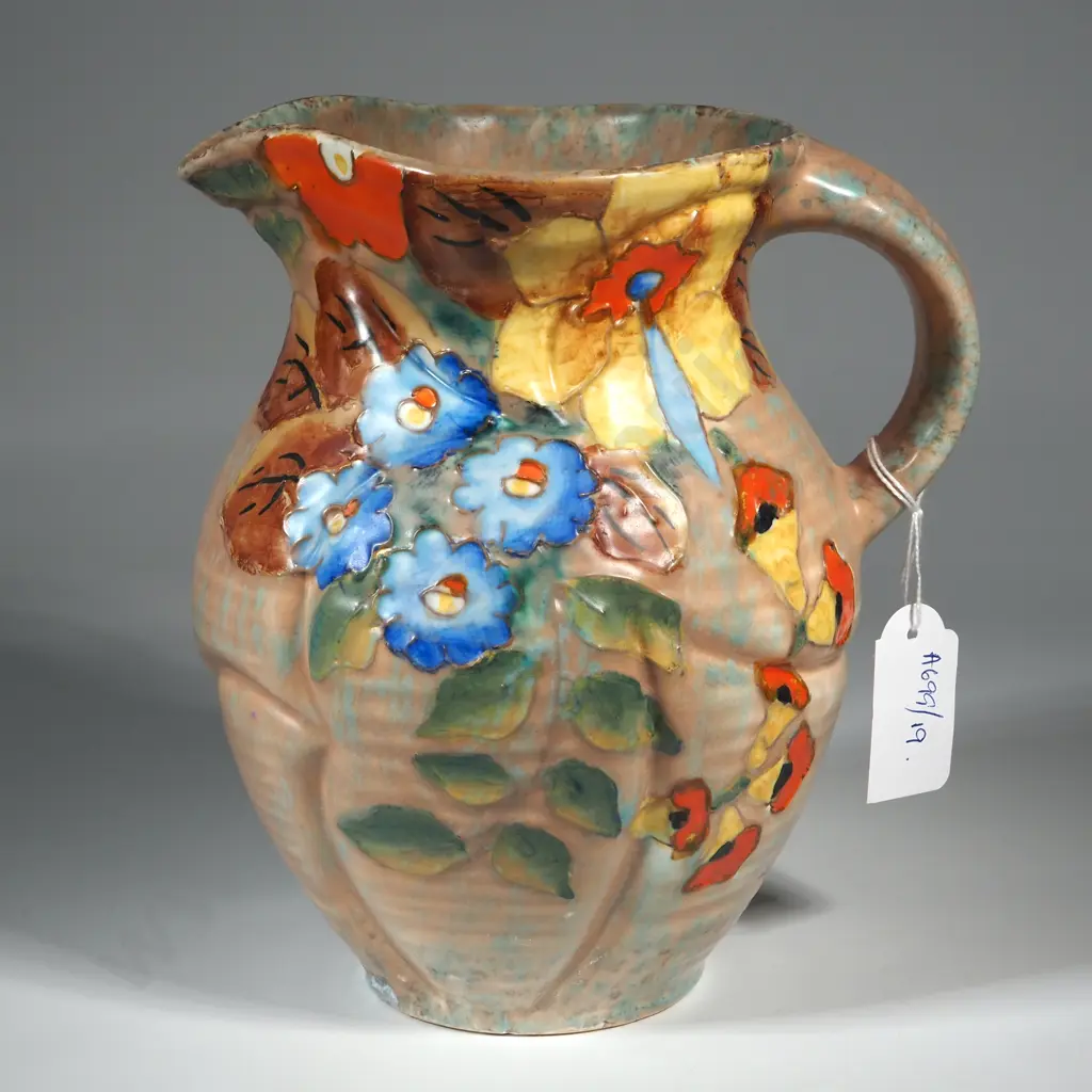 Art Deco Beswick Style Tube Lined Jug Decorated With Flowers On A Brown Ground  Image 1++