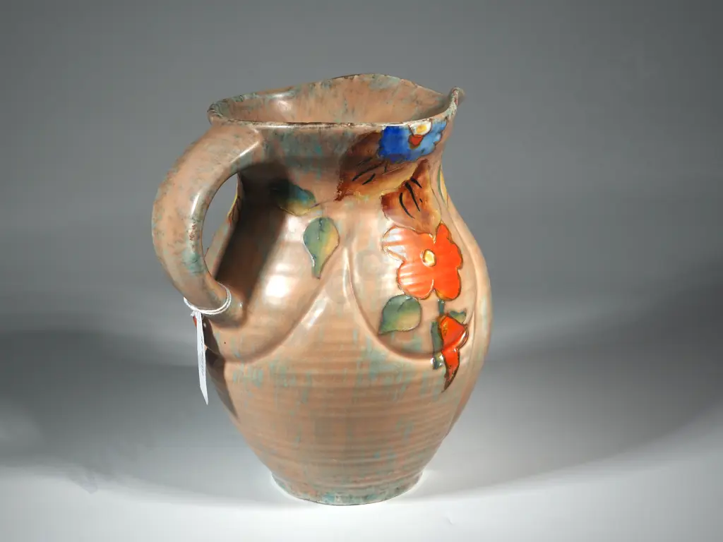 Art Deco Beswick Style Tube Lined Jug Decorated With Flowers On A Brown Ground  Image 1++