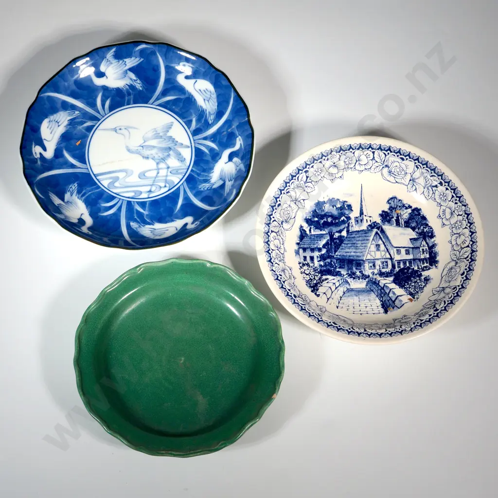 Three Various Plates, One Green Majolica Plate, Crown Lynn Avondale selection Blue Bridge plate Made in New Zealand Image 1++