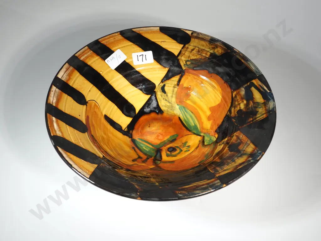 Large Pottery Bowl In Autumnal Colours Of Orange, Yellow, Green & Black. Signed AK To Base Image 1++