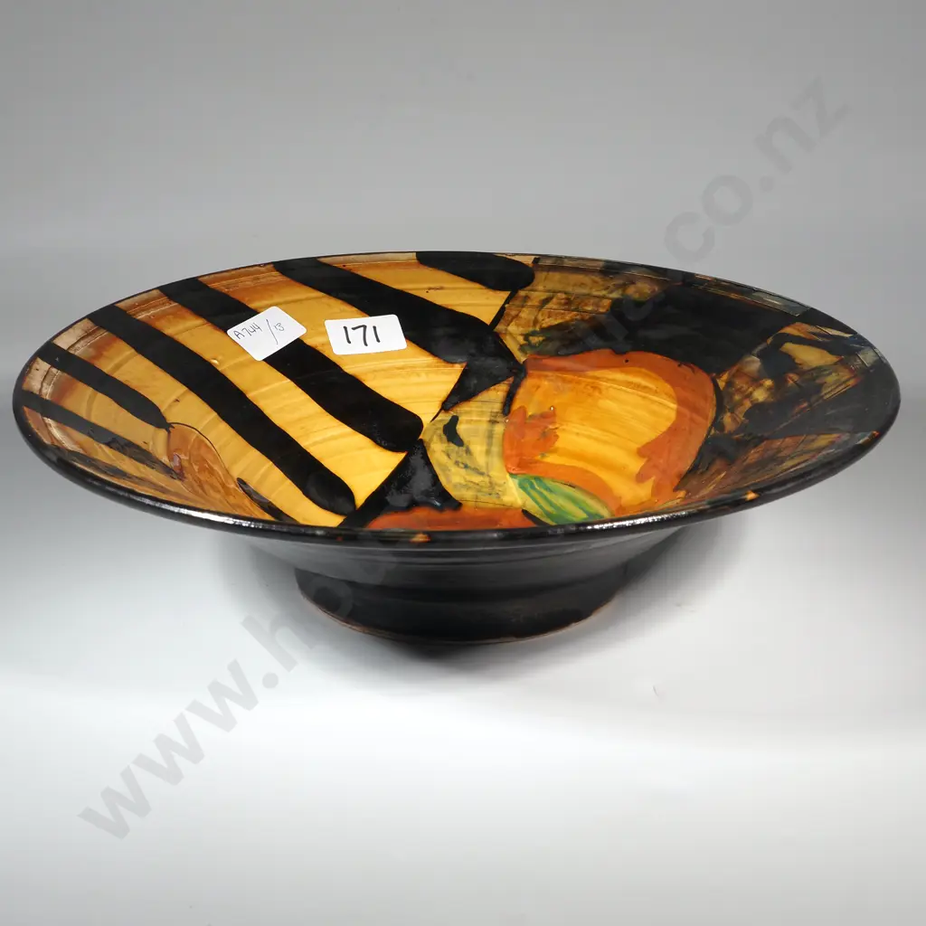 Large Pottery Bowl In Autumnal Colours Of Orange, Yellow, Green & Black. Signed AK To Base Image 1++