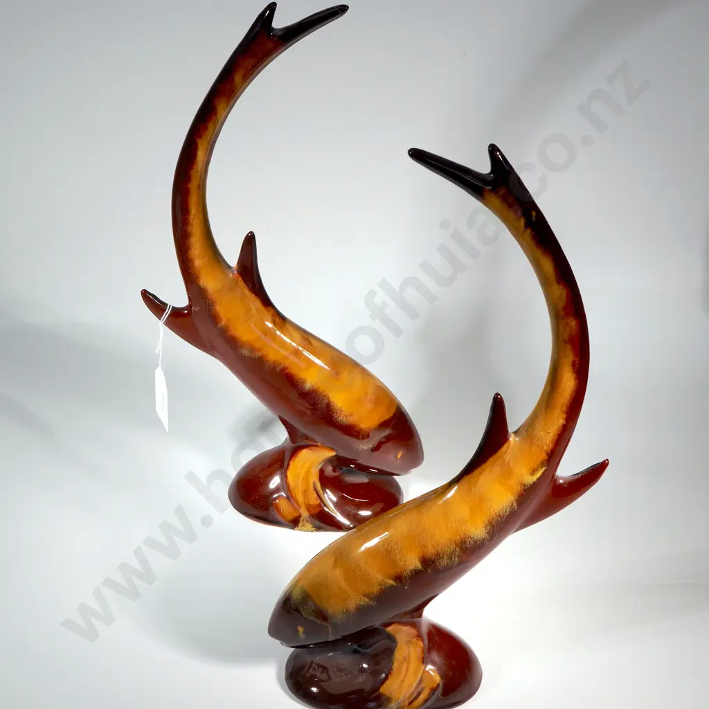 Pair Of Blue Mountain Pottery "Surging Fish" Harvest Gold Image 1++