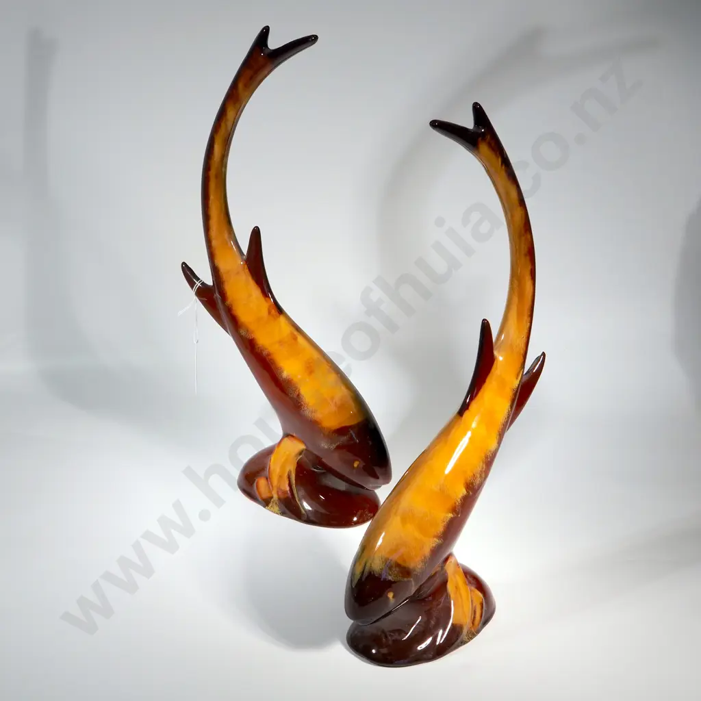 Pair Of Blue Mountain Pottery "Surging Fish" Harvest Gold Image 1++