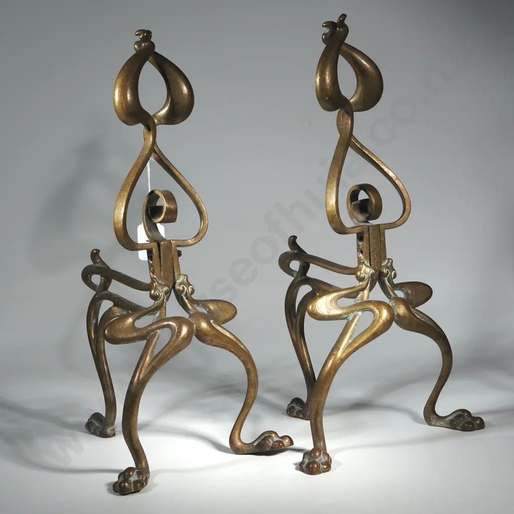 Pair Of Brass Antique Art Nouveau Andirons/Fire Dogs On Paw Feet. William Tonks & Sons. Reg NO. 369339 Image 1++