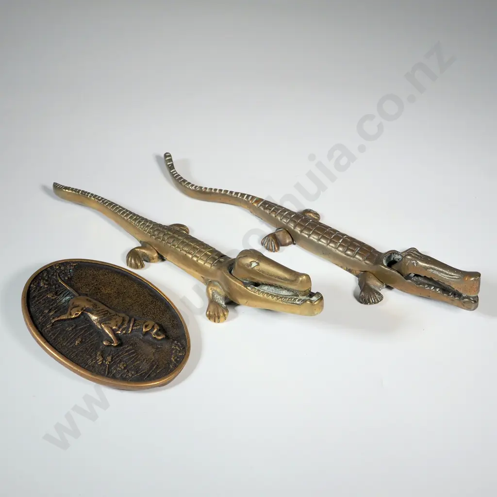 Two Small Crocodile Nut Crackers & An Oval Belt Buckle With Embossed Pointer In An Oval  Image 1++