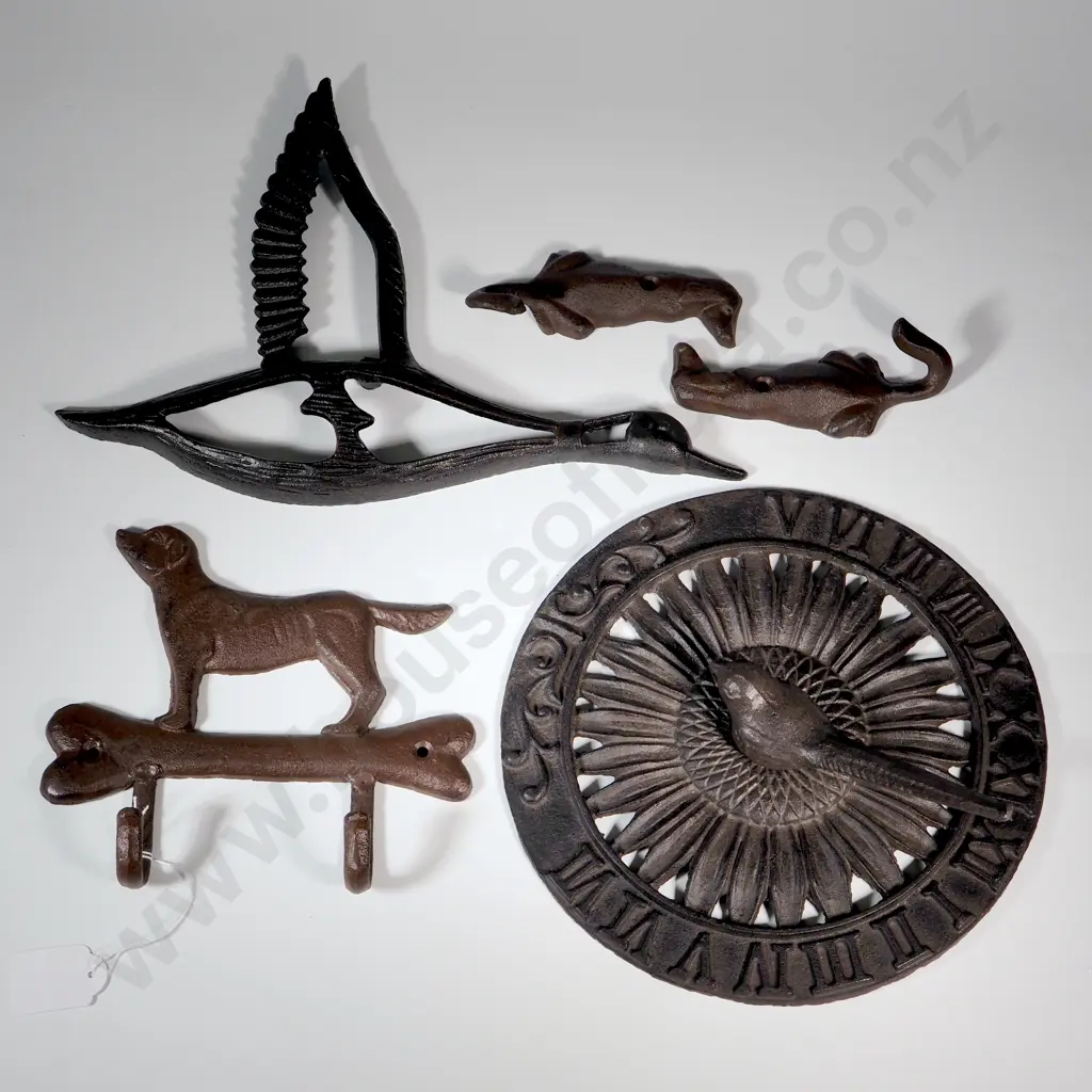 Cast Iron Sundial With Bird, Flying Duck Wall Art Two Single Hooks with Sitting Dogs & A Double Dog & Bone Hook  Image 1++