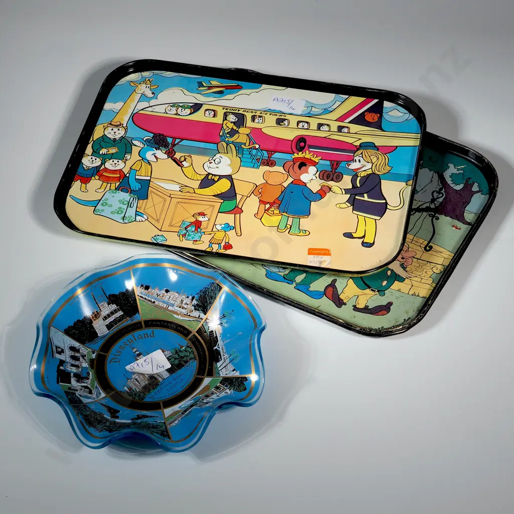 Three Vintage Disneyland Souvenir Tin Trays & Glass Sweet Dish. Image 1++