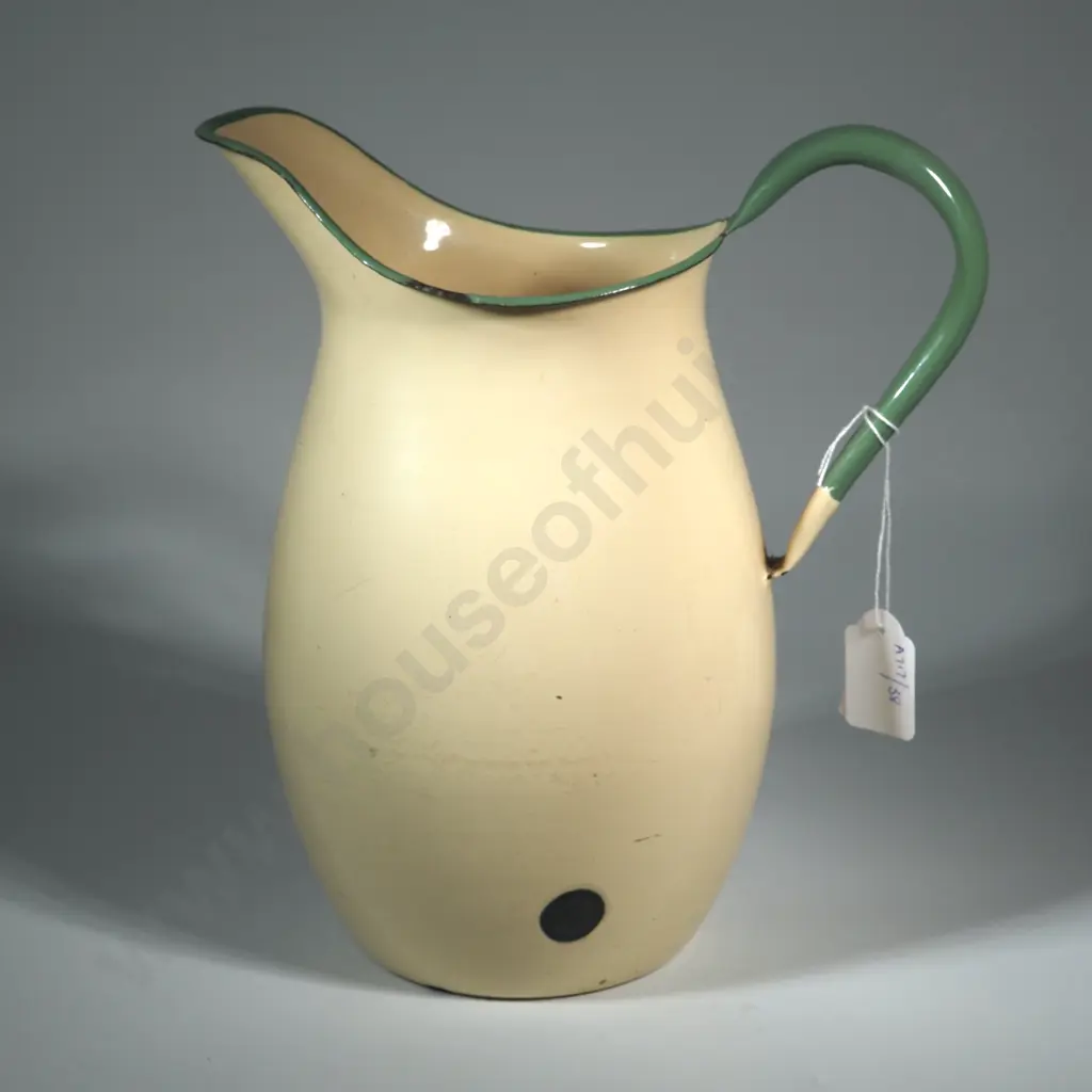 Vintage Cream & Green Enamel Water Jug Image 1++