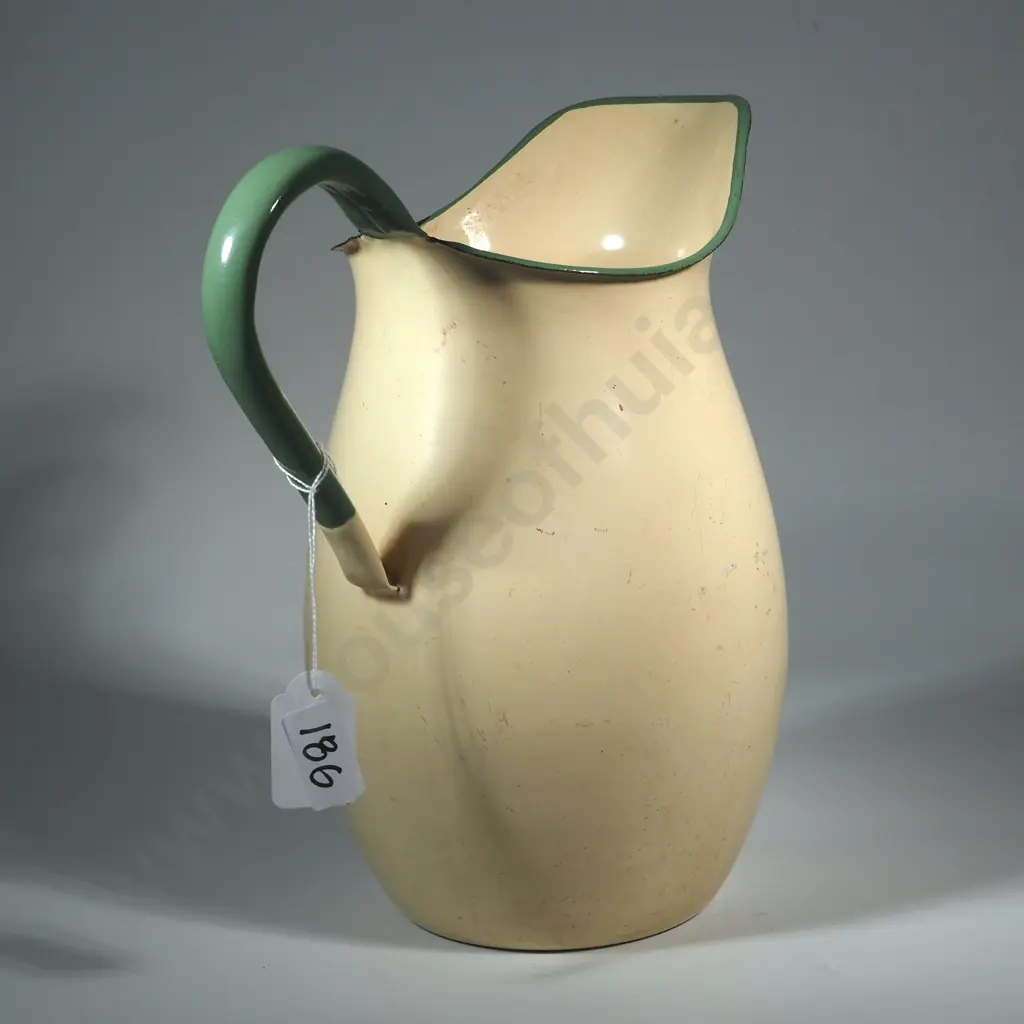 Vintage Cream & Green Enamel Water Jug Image 1++