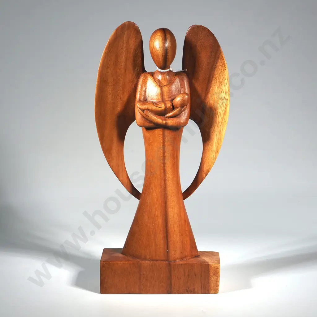 Hand Carved Wooden Sculpture Of A Guardian Angel Holding A Child. Probably Balinese  Image 1++
