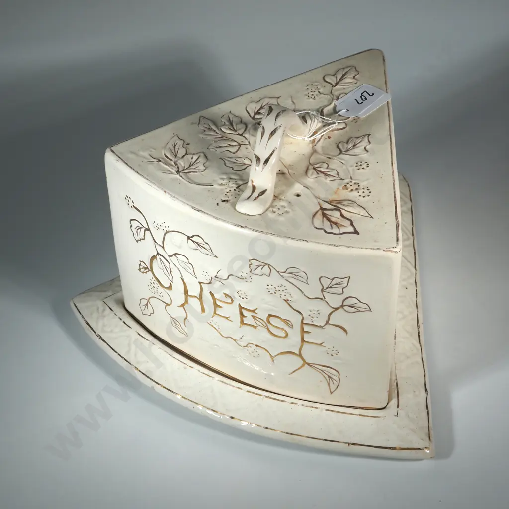 Large Victorian Triangular China Cheese Keep. Embossed Gold Decoration On A Cream Ground & With The Word "Cheese" Image 1++