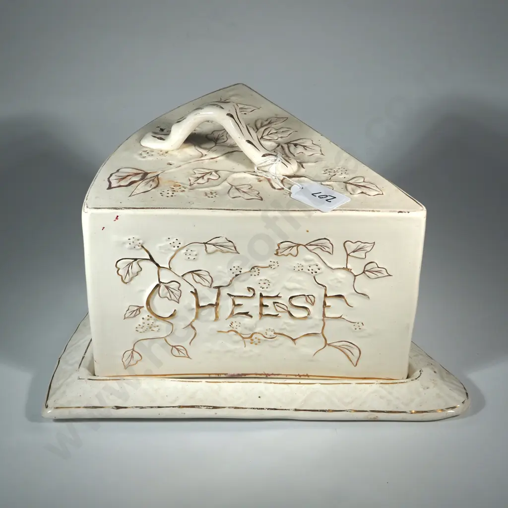 Large Victorian Triangular China Cheese Keep. Embossed Gold Decoration On A Cream Ground & With The Word "Cheese" Image 1++
