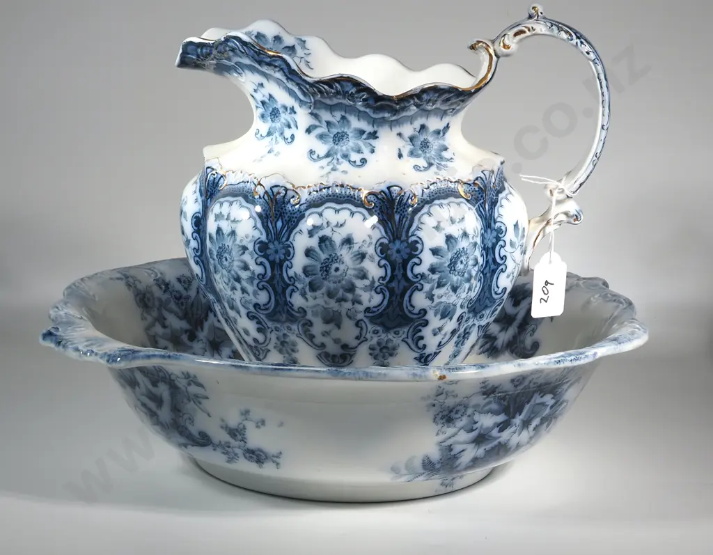 Antique Victorian Quality Blue And White  Grindley & Sons Jug And Bowl Set In The "Clematis" Pattern Image 1++