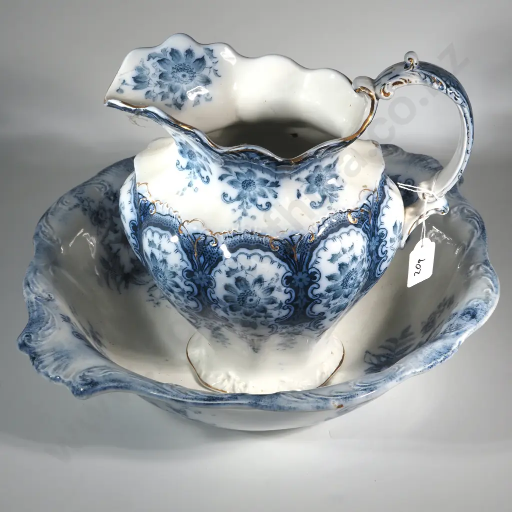 Antique Victorian Quality Blue And White  Grindley & Sons Jug And Bowl Set In The "Clematis" Pattern Image 1++