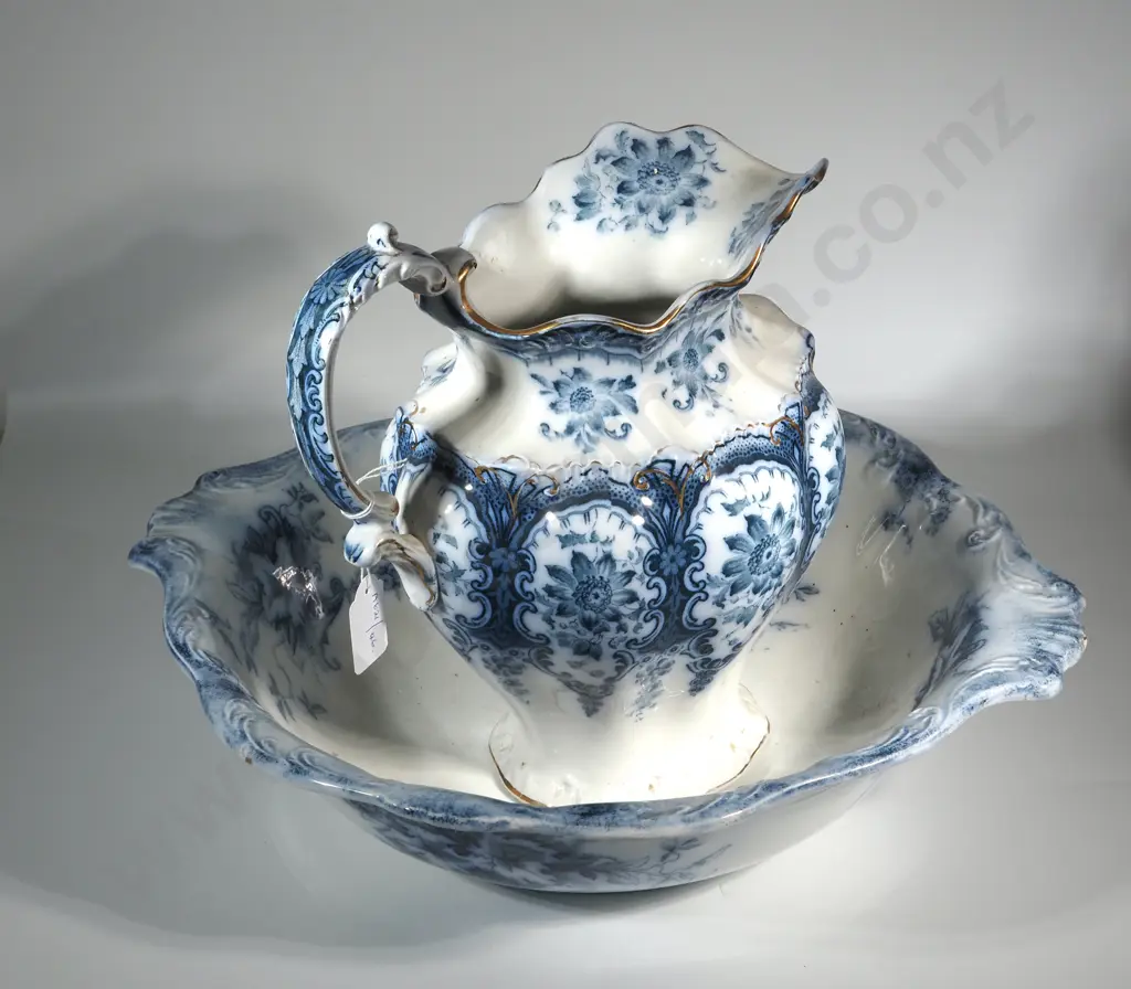 Antique Victorian Quality Blue And White  Grindley & Sons Jug And Bowl Set In The "Clematis" Pattern Image 1++