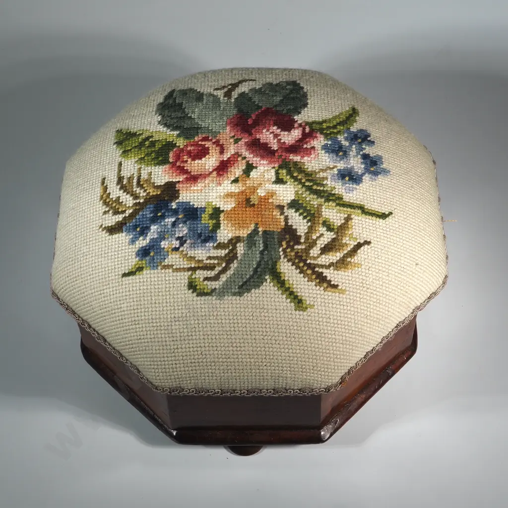 Victorian Spittoon in a Embroidered Tapestry Legged.Tuffet. Image 1++