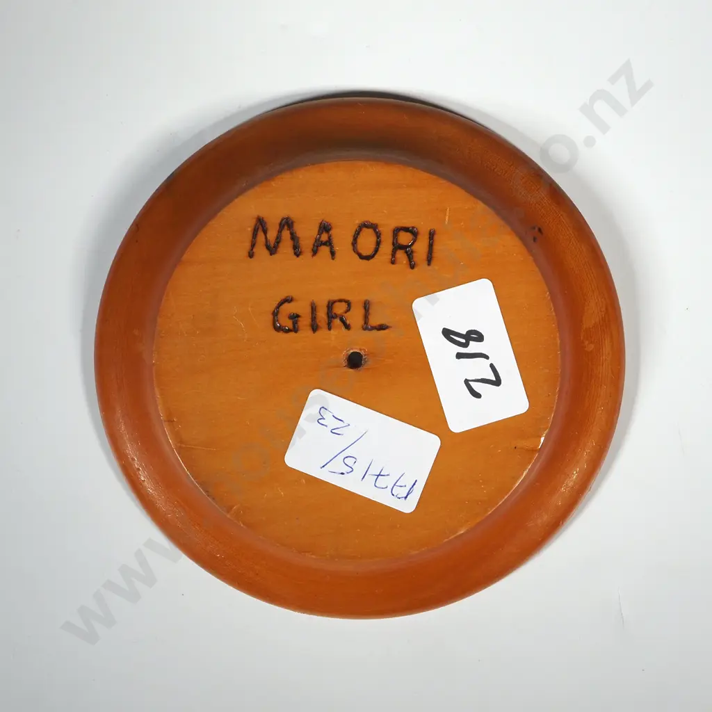 Wooden Trinket Dish w Burnt Picture of a Maori Woman's Head in Traditional Costume. Image 1++
