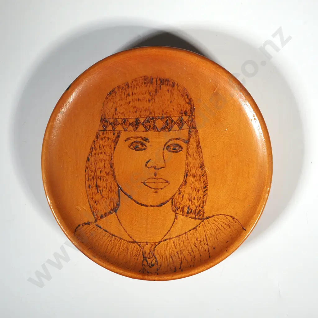 Wooden Trinket Dish w Burnt Picture of a Maori Woman's Head in Traditional Costume. Image 1++