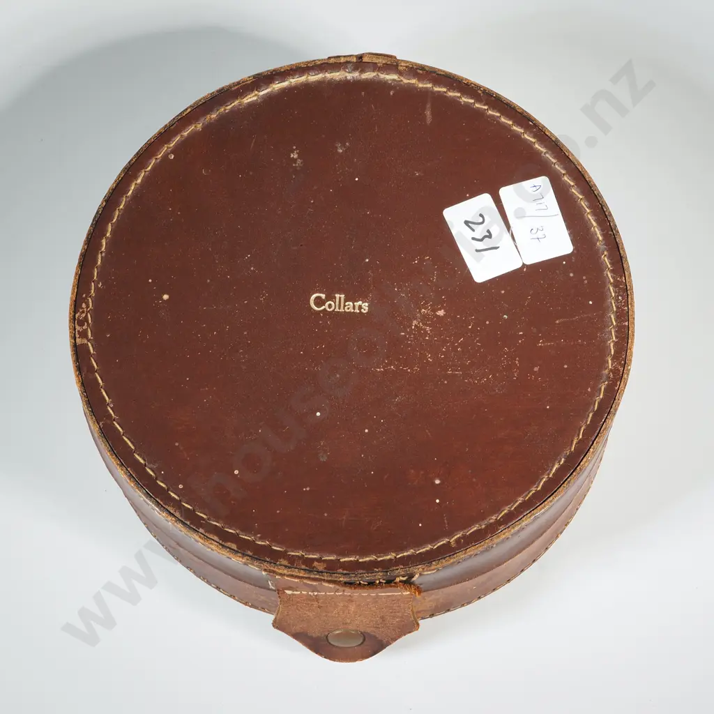Circular Leather Collar Box Complete with Collars & Marked "Collars" in Gilt Lettering  Image 1++