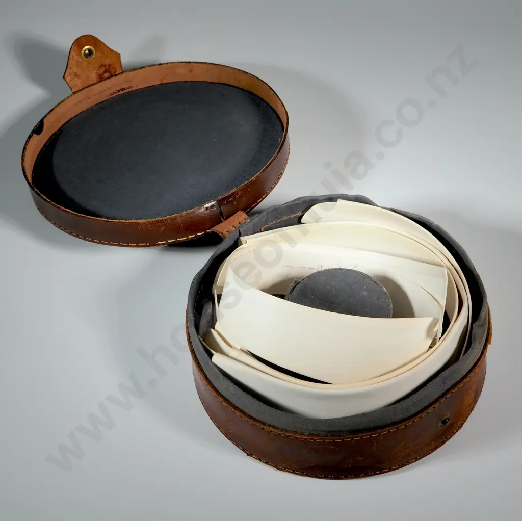 Circular Leather Collar Box Complete with Collars & Marked "Collars" in Gilt Lettering  Image 1++