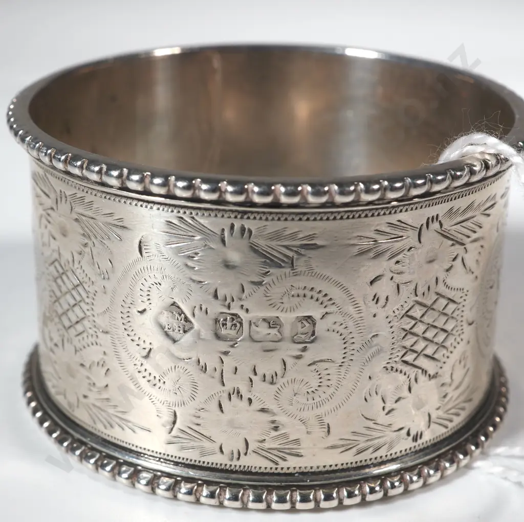 Sterling Silver Engraved Serviette Ring With Beaded Edge Sheffield 1897. Martin Hall & Co. Image 1++