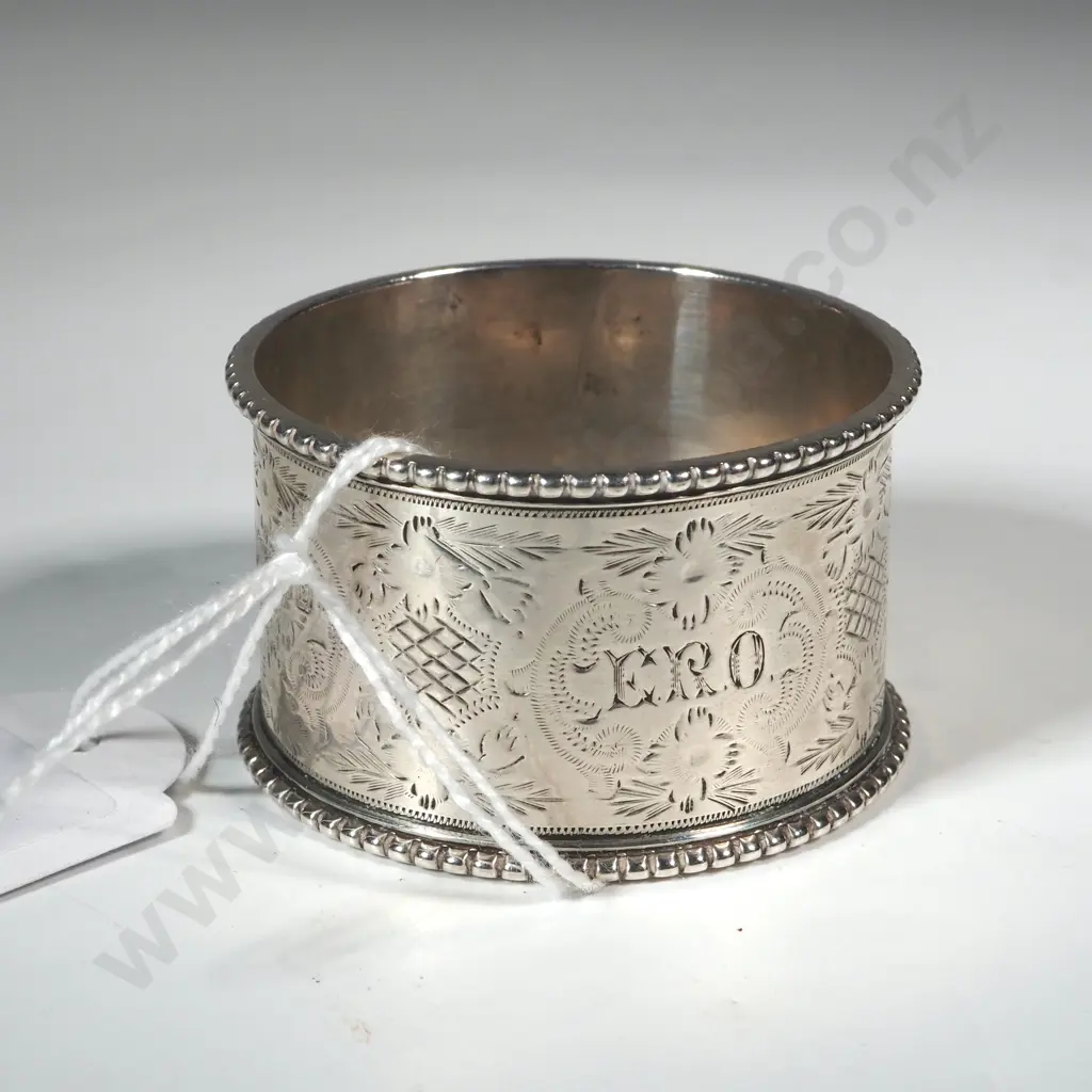Sterling Silver Engraved Serviette Ring With Beaded Edge Sheffield 1897. Martin Hall & Co. Image 1++