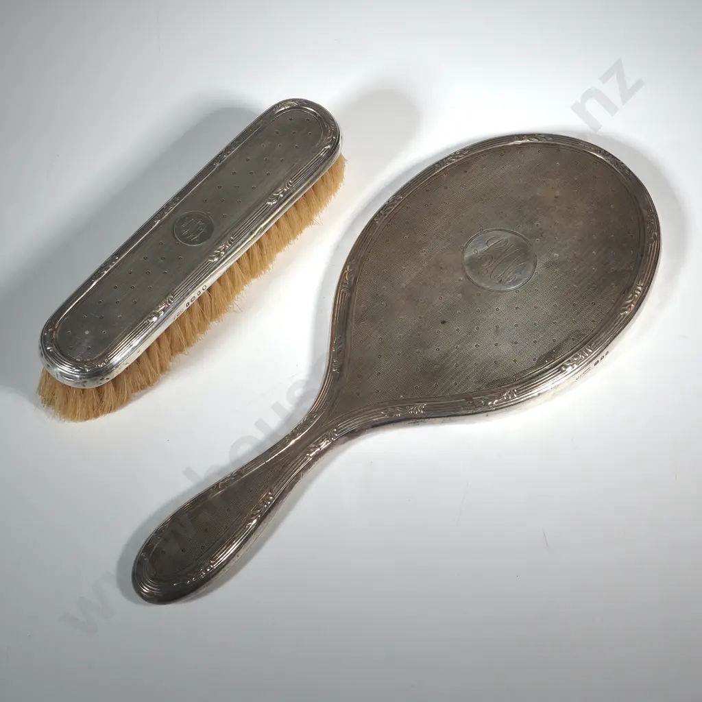 Sterling Silver Dressing Table Mirror & Clothes Brush with Engine Turned Decoration. London 1924 Image 1++